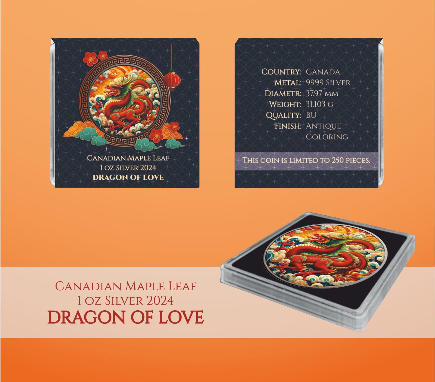 Kanada Maple Leaf Dragon Of Love Color 1oz Silber 2024*