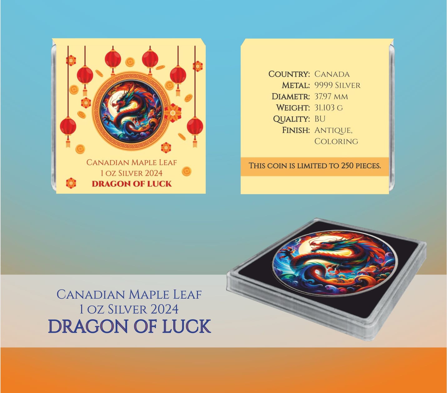 Kanada Maple Leaf Dragon Of Luck Color 1oz Silber 2024*