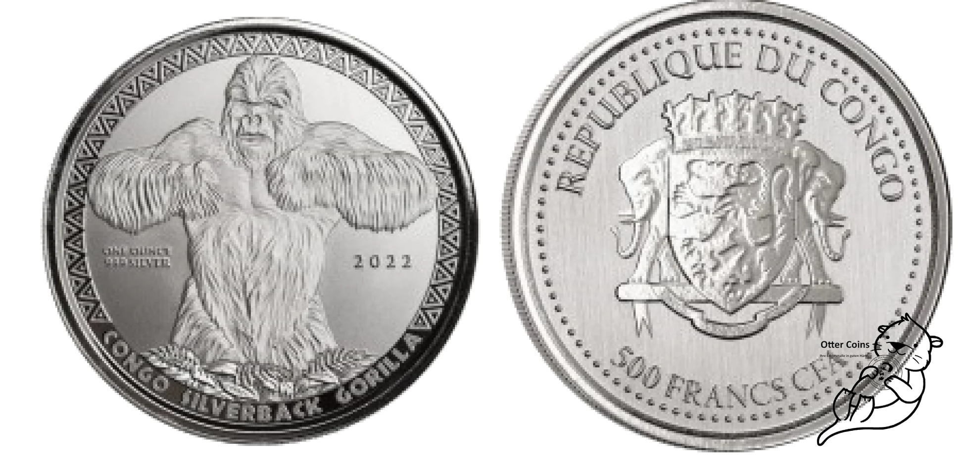 Kongo Silberrücken Silbermünze 500 Francs 2022*