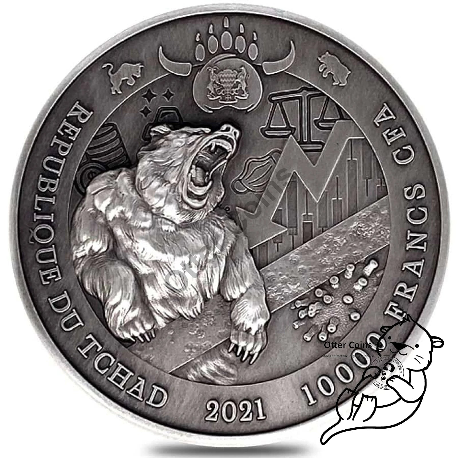 Chad 2 oz Silber Bull vs. Bear Antik High Relief Coin 2021*
