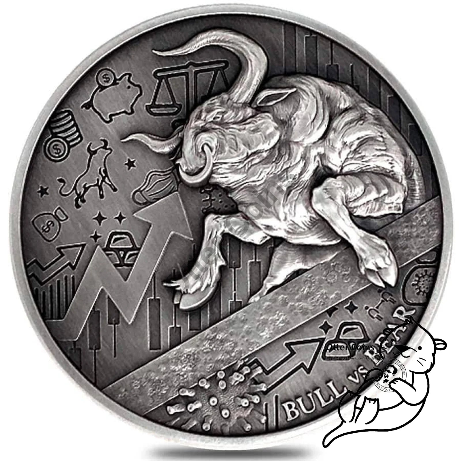 Chad 2 oz Silber Bull vs. Bear Antik High Relief Coin 2021*